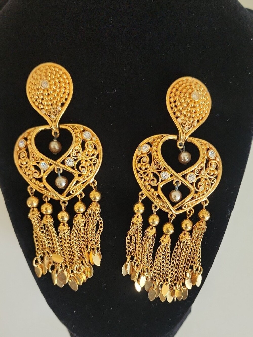 Vintage Clip On Gold Heart Filigree Tassel Drop Earrings❤